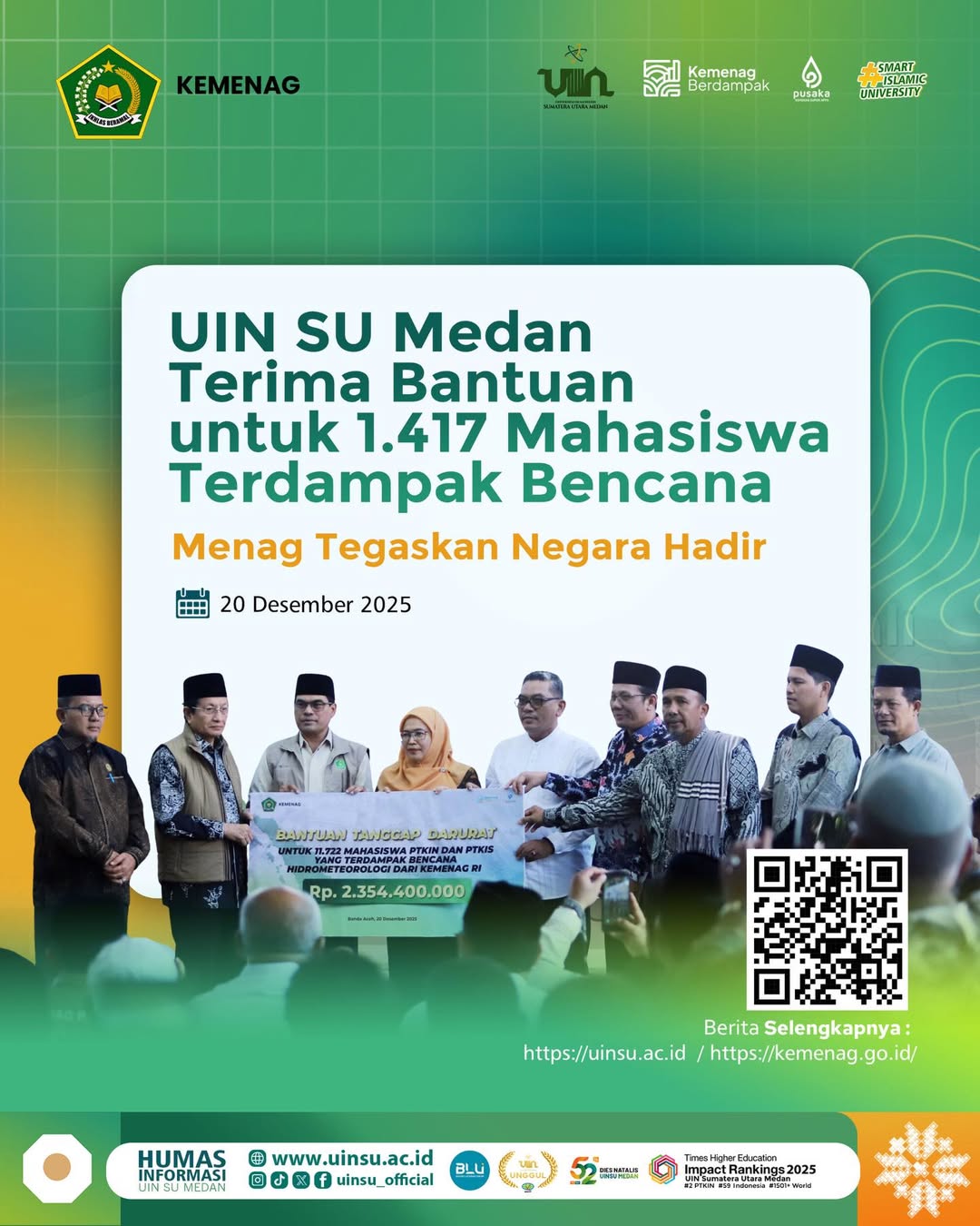 UINSU Medan Menerima Bantuan untuk 1417 Mahasiswa Terdampak bencana, Menag tegaskan Negara Hadir